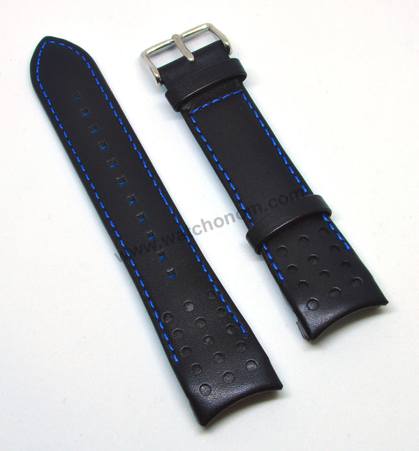 21mm Handmade Blue Stitch on Black Genuine Leather Watch Band Strap Compatible For Seiko Sportura Chronograph 7T62-0KV0 - SNAE79P1