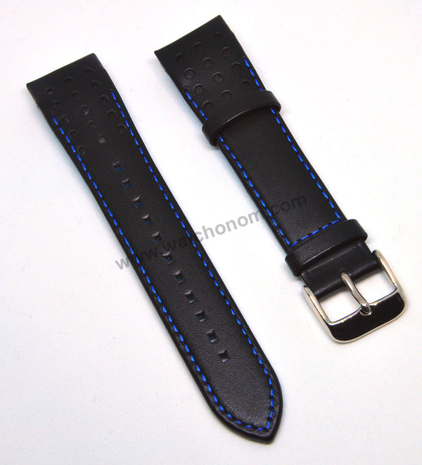 21mm Handmade Blue Stitch on Black Genuine Leather Watch Band Strap Compatible For Seiko Sportura Chronograph 7T62-0LC0 - SNAE91P1
