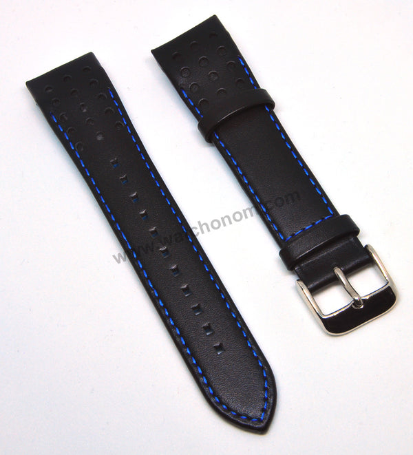 21mm Handmade Blue Stitch on Black Genuine Leather Watch Band Strap Compatible For Seiko Sportura Chronograph 7T62-0KV0 - SNAE79P1
