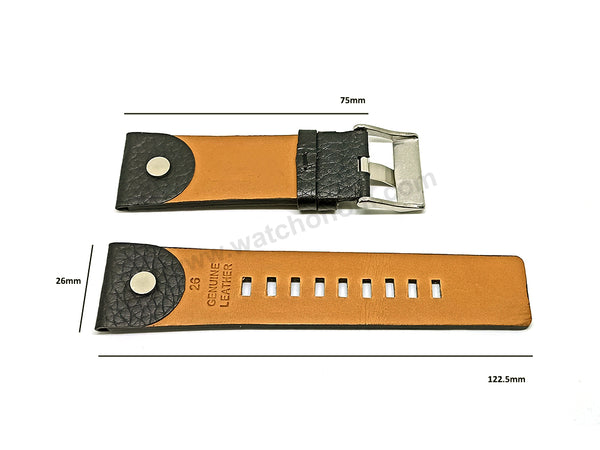 Fits/For Diesel Digital Tiptronic DZ1129 , DZ7280 - 26mm Black Genuine Leather Rivet Replacement Watch Strap Band Belt