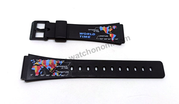 Original Casio W-73 World Time Map - Replacement Watch Band Strap - 19mm Black Rubber Genuine NOS
