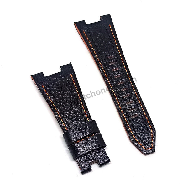 14mm Handmade Orange Stitch on Black Genuine Leather Watch Band Strap Compatible For Seiko Sportura 7T62-0KL0 - SNAE07P1 , SNAE07J1