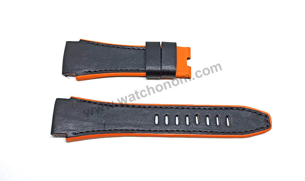 Handmade Black with Red , Orange Line Leather Watch Strap Band Comp. for Seiko Sportura Honda 7T82-0AA0 - SPC003J1 , SPC003P9