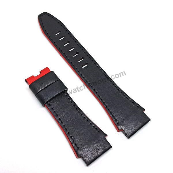 Handmade Black with Red , Orange Line Leather Watch Strap Band Comp. for Seiko Sportura Honda 7T82-0AF0 - SPC009P1 , SPC009JP1
