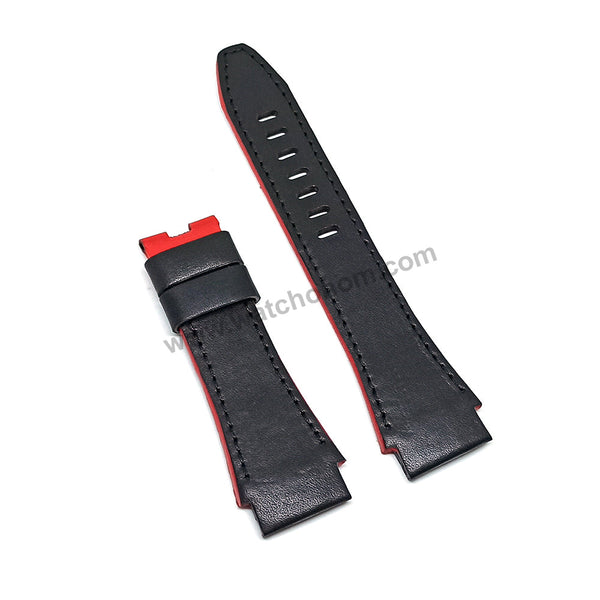 Handmade Black with Red , Orange Line Leather Watch Strap Band Comp. for Seiko Sportura Honda 7T85-0AA0 - SPC039P2 , SPC039J2