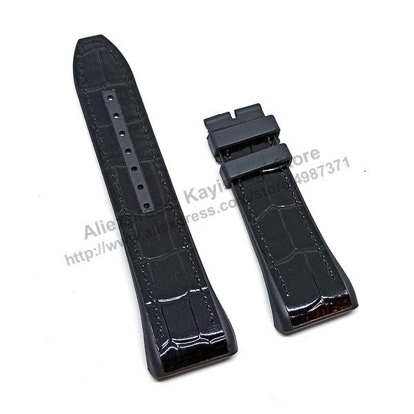 28mm Black Genuine Leather On Black and Navy Blue Rubber Silicone Watch Band Strap Compatible For Franck Muller V45