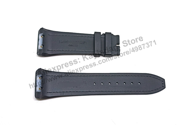 28mm Black Genuine Leather On Black and Navy Blue Rubber Silicone Watch Band Strap Compatible For Franck Muller V45