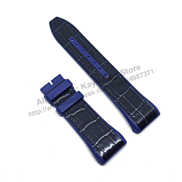 28mm Black Genuine Leather On Black and Navy Blue Rubber Silicone Watch Band Strap Compatible For Franck Muller V45