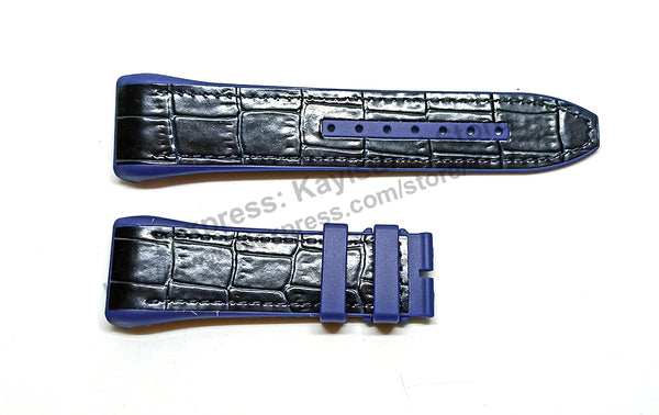 28mm Black Genuine Leather On Black and Navy Blue Rubber Silicone Watch Band Strap Compatible For Franck Muller V45