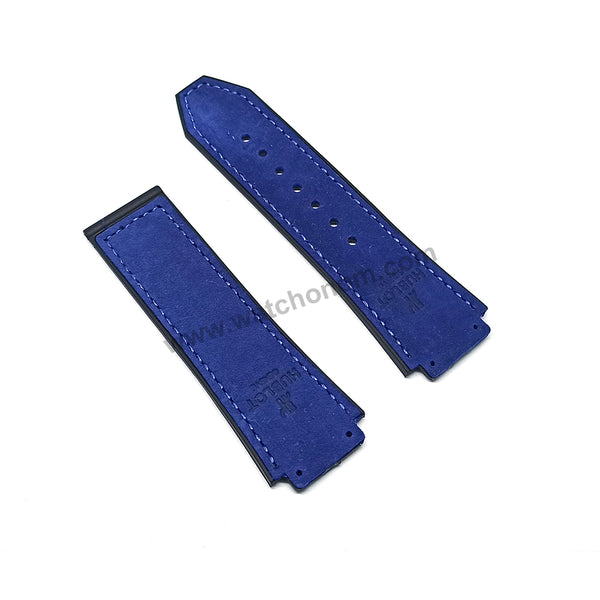 19mm Blue Suede Leather On Black Rubber Replacement Watch Band Strap Compatible with Hublot 45mm cases