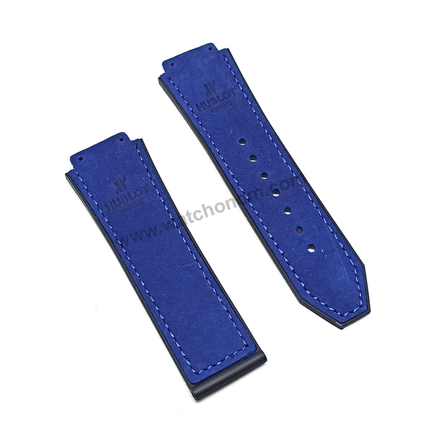 19mm Blue Suede Leather On Black Rubber Replacement Watch Band Strap Compatible with Hublot 45mm cases