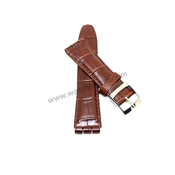 Fits/For Swatch Wrist Watches - 21mm Brown Alligator Pattern Padded Genuine Leather Replacement Watch Strap Band