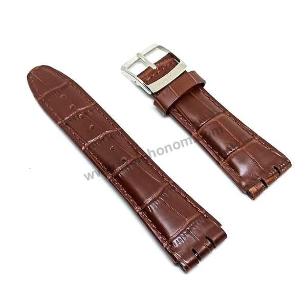 Fits/For Swatch Wrist Watches - 21mm Brown Alligator Pattern Padded Genuine Leather Replacement Watch Strap Band