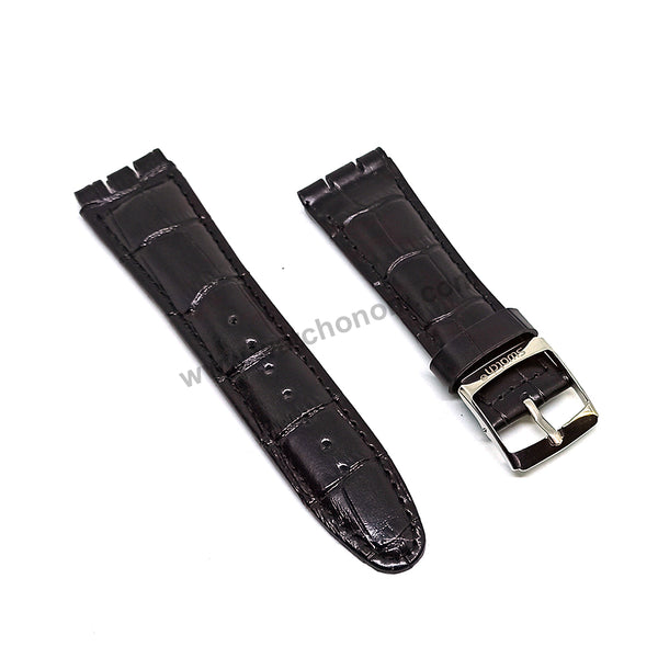 Fits/For Swatch Wrist Watches - 21mm Black Alligator Pattern Padded Genuine Leather Replacement Watch Strap Band