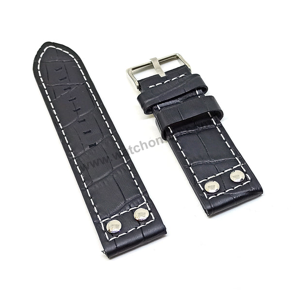 Fits/For Luminox , TW Steel , Aviator / Pilot - 24mm Black White Stitch Rivet Genuine Leather Replacement Watch Band Strap