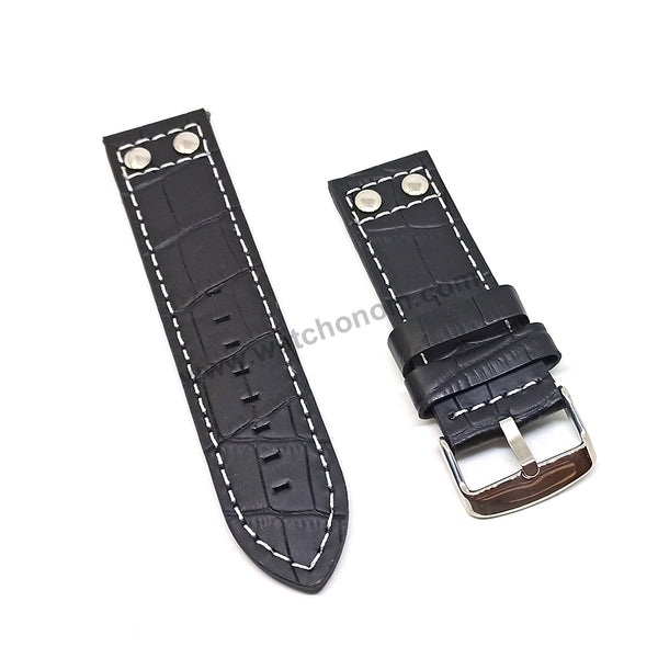 Fits/For Luminox , TW Steel , Aviator / Pilot - 24mm Black White Stitch Rivet Genuine Leather Replacement Watch Band Strap