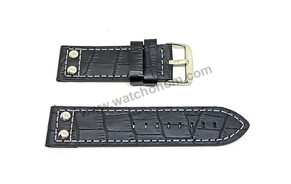 Fits/For Luminox , TW Steel , Aviator / Pilot - 24mm Black White Stitch Rivet Genuine Leather Replacement Watch Band Strap