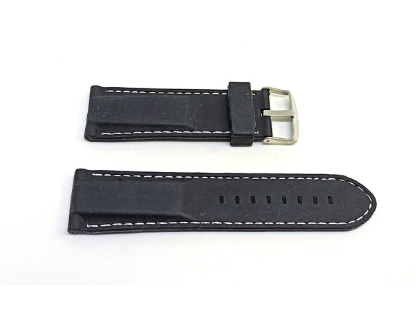 26mm Black Rubber / Soft Silicone White Stitching Replacement Watch Band Strap