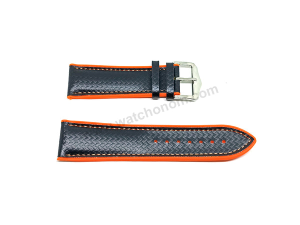 24mm Carbon Embossed Pattern Black Genuine Leather on Orange Silicone/Rubber Replacement Watch Band / Strap