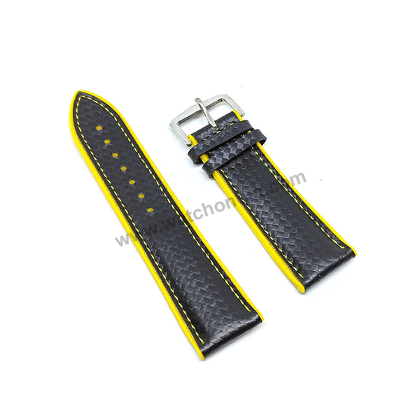 24mm Carbon Embossed Pattern Black Genuine Leather on Yellow Silicone/Rubber Replacement Watch Band / Strap