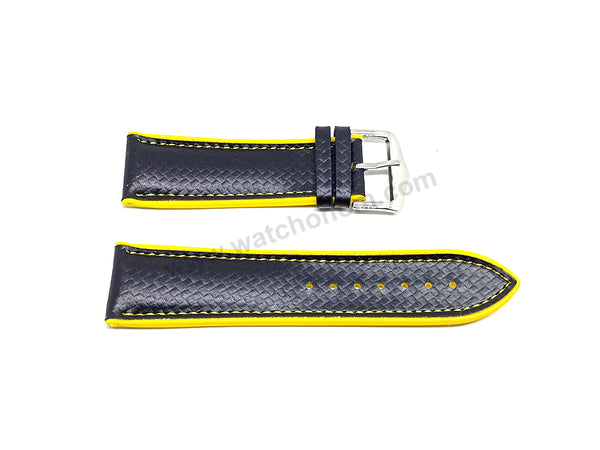24mm Carbon Embossed Pattern Black Genuine Leather on Yellow Silicone/Rubber Replacement Watch Band / Strap