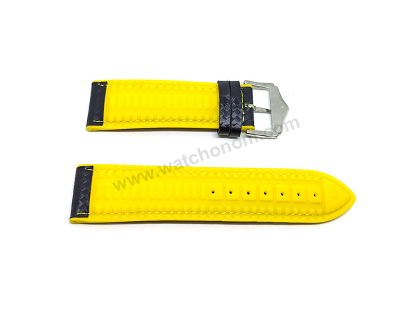 24mm Carbon Embossed Pattern Black Genuine Leather on Yellow Silicone/Rubber Replacement Watch Band / Strap