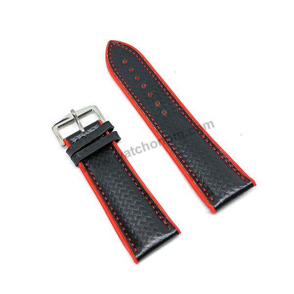 24mm Carbon Embossed Pattern Black Genuine Leather on Red Silicone/Rubber Replacement Watch Band / Strap