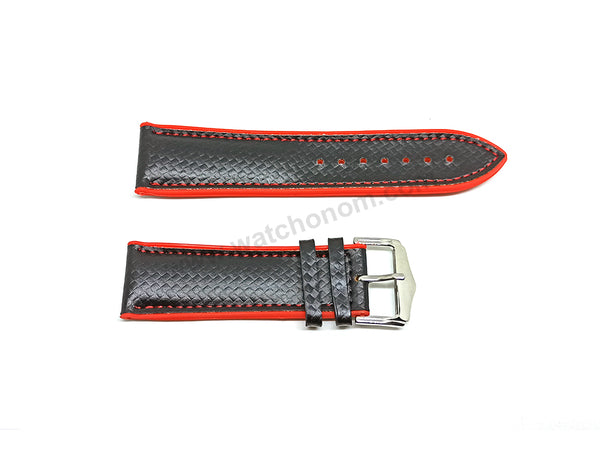 24mm Carbon Embossed Pattern Black Genuine Leather on Red Silicone/Rubber Replacement Watch Band / Strap