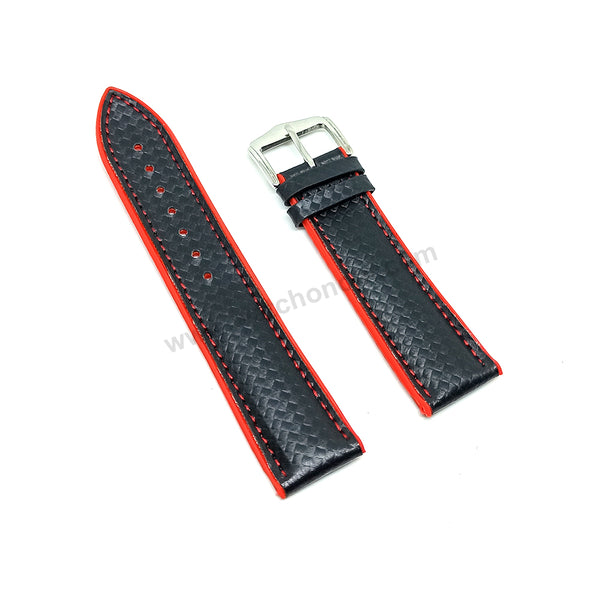 22mm Carbon Embossed Pattern Black Genuine Leather on Red Silicone/Rubber Replacement Watch Band / Strap