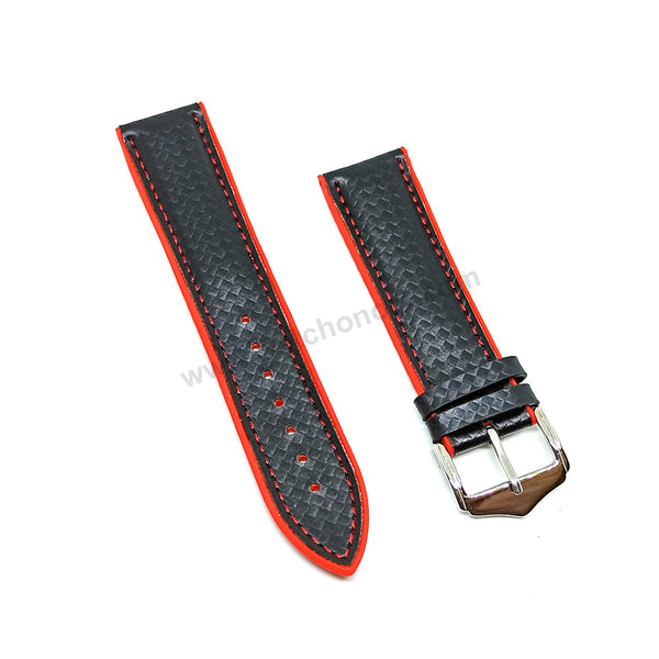 22mm Carbon Embossed Pattern Black Genuine Leather on Red Silicone/Rubber Replacement Watch Band / Strap