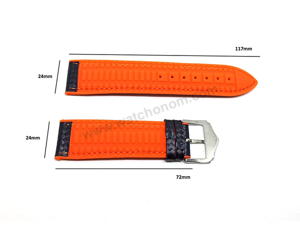 22mm Carbon Embossed Pattern Black Genuine Leather on Orange Silicone/Rubber Replacement Watch Band / Strap