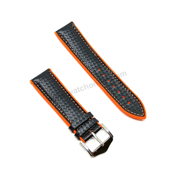 22mm Carbon Embossed Pattern Black Genuine Leather on Orange Silicone/Rubber Replacement Watch Band / Strap