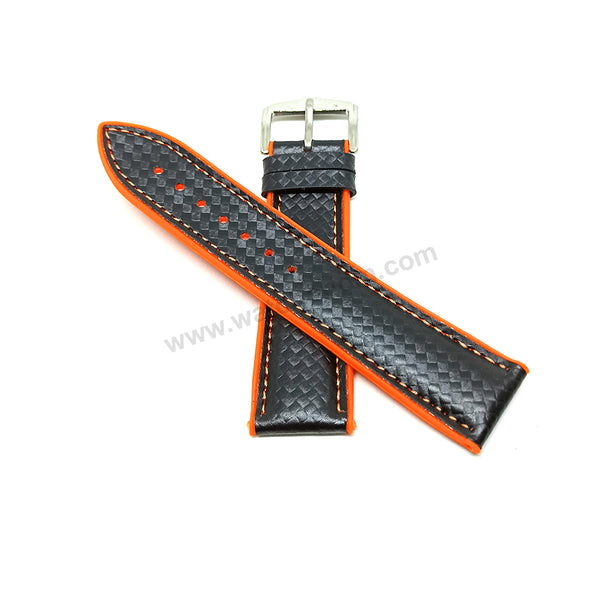 22mm Carbon Embossed Pattern Black Genuine Leather on Orange Silicone/Rubber Replacement Watch Band / Strap