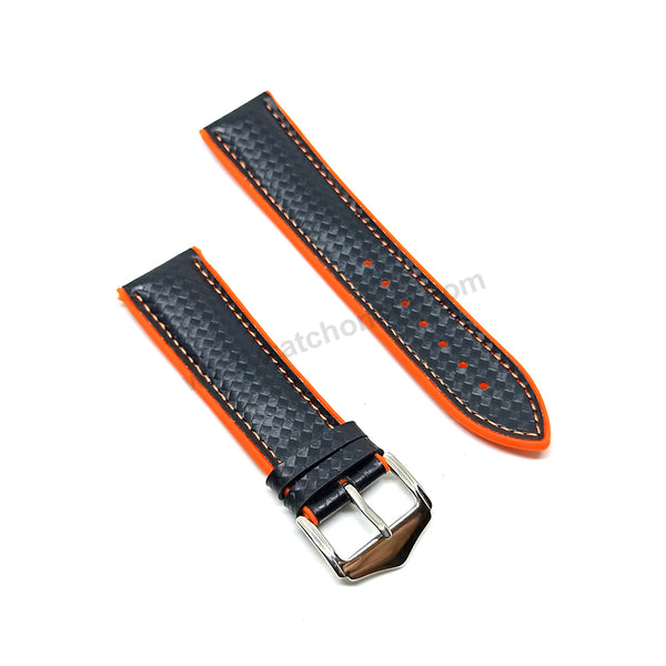 22mm Carbon Embossed Pattern Black Genuine Leather on Orange Silicone/Rubber Replacement Watch Band / Strap