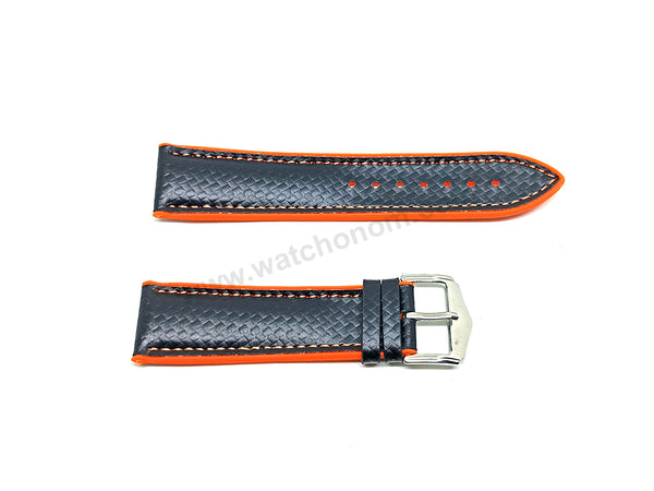 22mm Carbon Embossed Pattern Black Genuine Leather on Orange Silicone/Rubber Replacement Watch Band / Strap