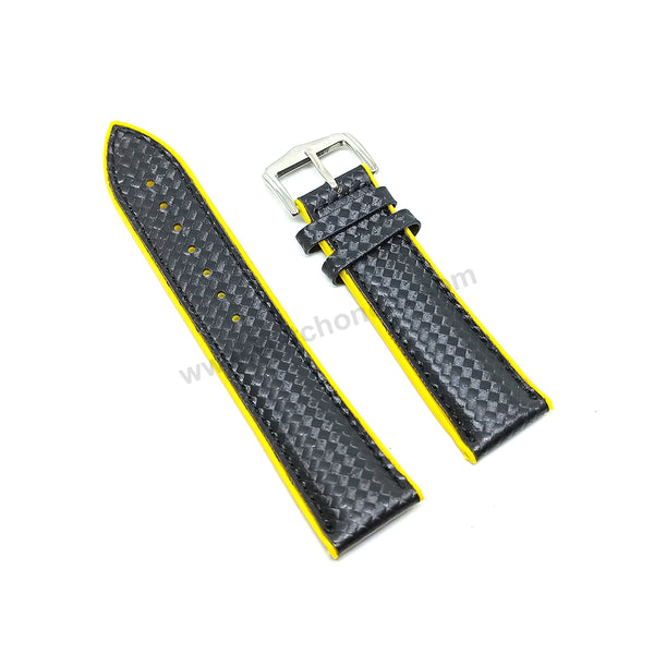 22mm Carbon Embossed Pattern Black Genuine Leather on Yellow Silicone/Rubber Replacement Watch Band / Strap