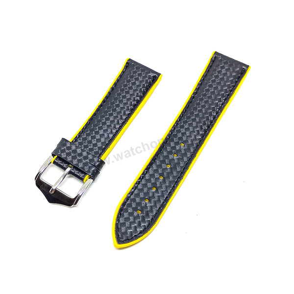 22mm Carbon Embossed Pattern Black Genuine Leather on Yellow Silicone/Rubber Replacement Watch Band / Strap