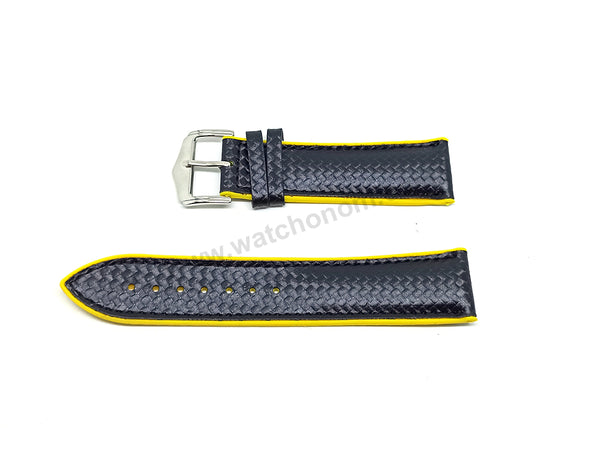 22mm Carbon Embossed Pattern Black Genuine Leather on Yellow Silicone/Rubber Replacement Watch Band / Strap