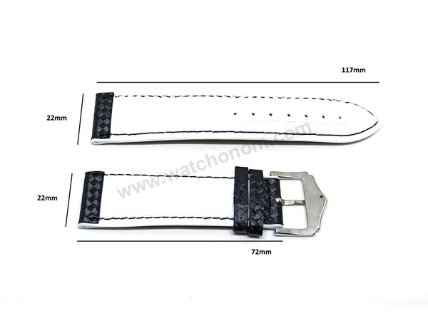 22mm Carbon Embossed Pattern Black Genuine Leather on White Silicone/Rubber Replacement Watch Band / Strap