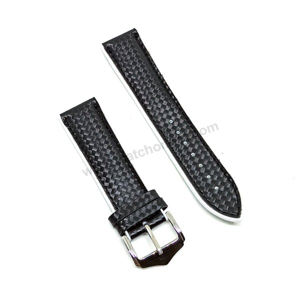 22mm Carbon Embossed Pattern Black Genuine Leather on White Silicone/Rubber Replacement Watch Band / Strap