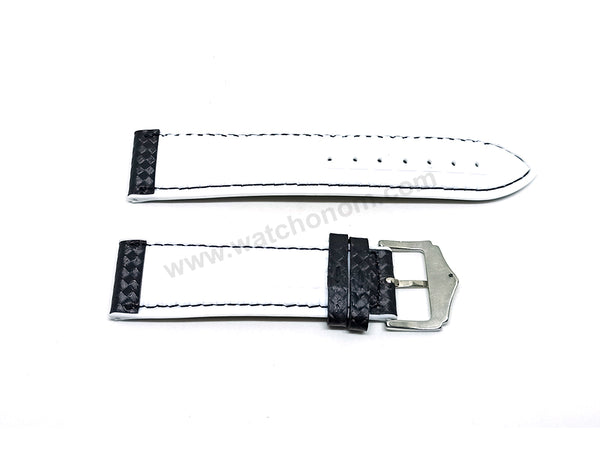 22mm Carbon Embossed Pattern Black Genuine Leather on White Silicone/Rubber Replacement Watch Band / Strap