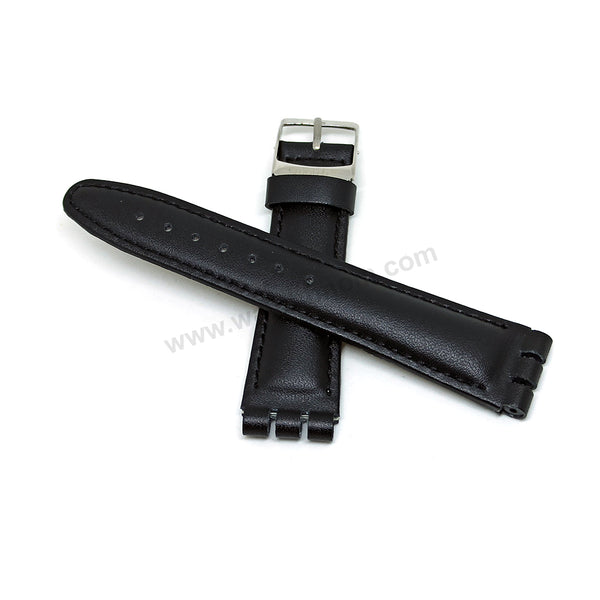 Fits/For Swatch Wrist Watches - 19mm Black Padded Genuine Leather Replacement Watch Strap Band Belt