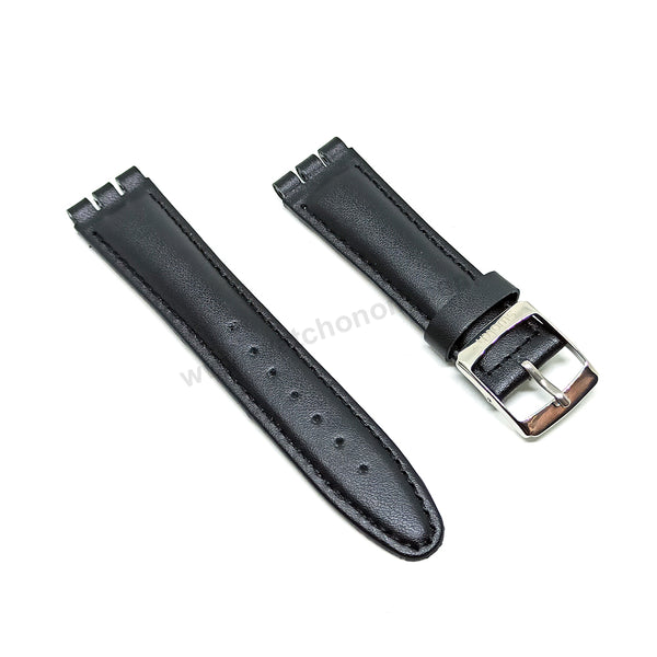 Fits/For Swatch Wrist Watches - 19mm Black Padded Genuine Leather Replacement Watch Strap Band Belt