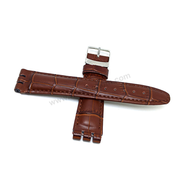 Fits/For Swatch Wrist Watches - 19mm Alligator Pattern Brown Padded Genuine Leather Replacement Watch Strap Band Belt