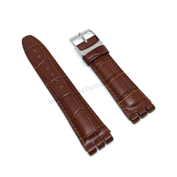Fits/For Swatch Wrist Watches - 19mm Alligator Pattern Brown Padded Genuine Leather Replacement Watch Strap Band Belt