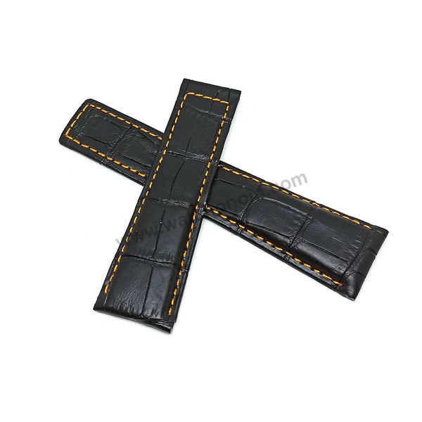 24mm Black Genuine Leather - Orange Stitched Replacement Watch Band Strap Fits with Tag Heuer Carrera , Monaco