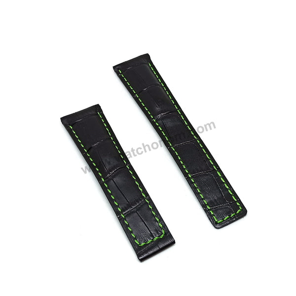 22mm Black Genuine Leather on Green Stitched Replacement Watch Band Strap Fits with Tag Heuer Carrera , Monaco