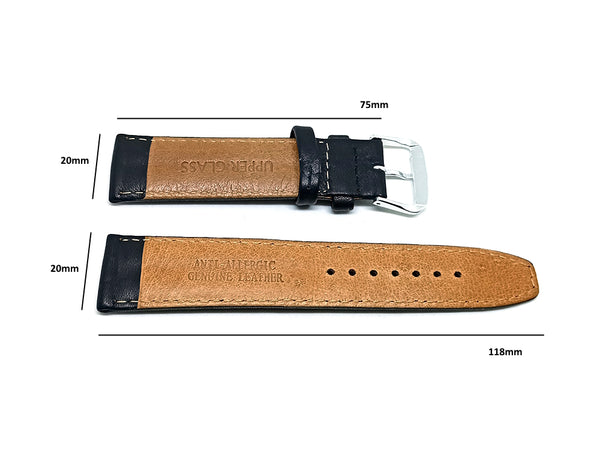 20mm Embossed Black Genuine Leather DOUBLE RIDGED Replacement Watch Band Strap Fits with Seiko , Pulsar , Casio Edifice