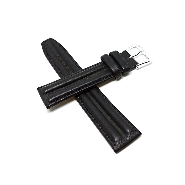 20mm Embossed Black Genuine Leather DOUBLE RIDGED Replacement Watch Band Strap Fits with Seiko , Pulsar , Casio Edifice