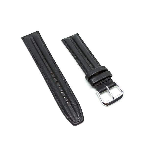 20mm Embossed Black Genuine Leather DOUBLE RIDGED Replacement Watch Band Strap Fits with Seiko , Pulsar , Casio Edifice
